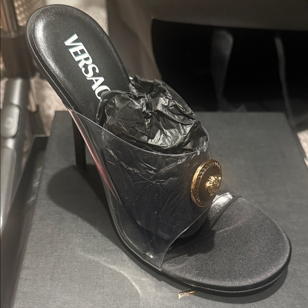 Versace Black and Gold Heeled Mules